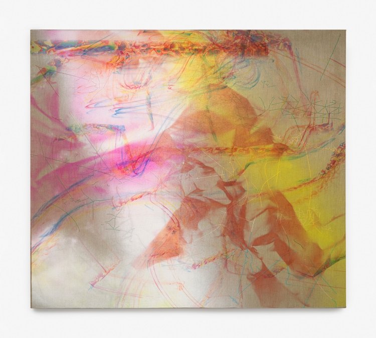 Resch Willeit, Untitled 2024, 2024, acrylics, dye, uv-paint, pigments and cotton on linen, 217cm x 221cm Foto: Roman März