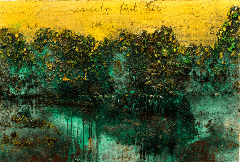 Anselm Kiefer, Anselm fuit hic, 2023. Emulsion, Öl, Acryl, Schellack, Blattgold und Sediment einer Elektrolyse. 190 x 280 cm © Thaddaeus Ropac