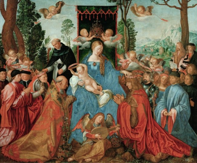 Kopie nach Albrecht Dürer, (1471 NÜRNBERG–1528 NÜRNBERG), Rosenkranzfest, 1606–1612 (nach dem Original von 1506), Leinwand, 160 x 193 cm, Wien, Kunsthistorisches Museum, Gemäldegalerie, © KHM-Museumsverband