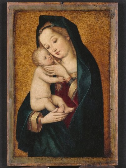 Hans Holbein d.Ä., (um 1464 Augsburg – 1524 Augsburg?), Maria, das Kind liebkosend, Um 1496/99, Lindenholz